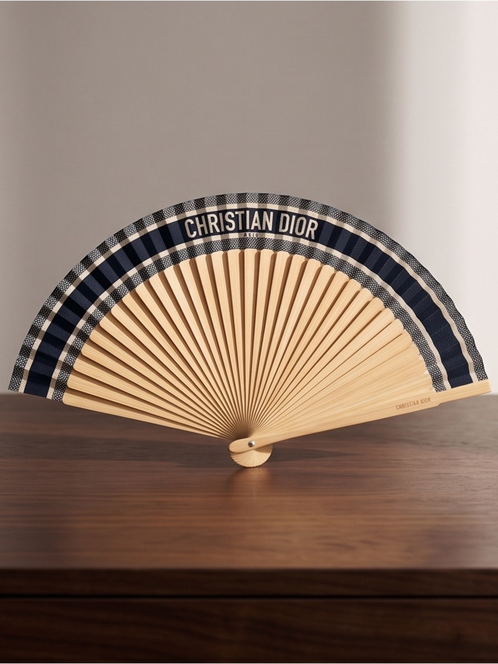Dior Black & Cream Striped Folding Fan with Natural Wood Frame